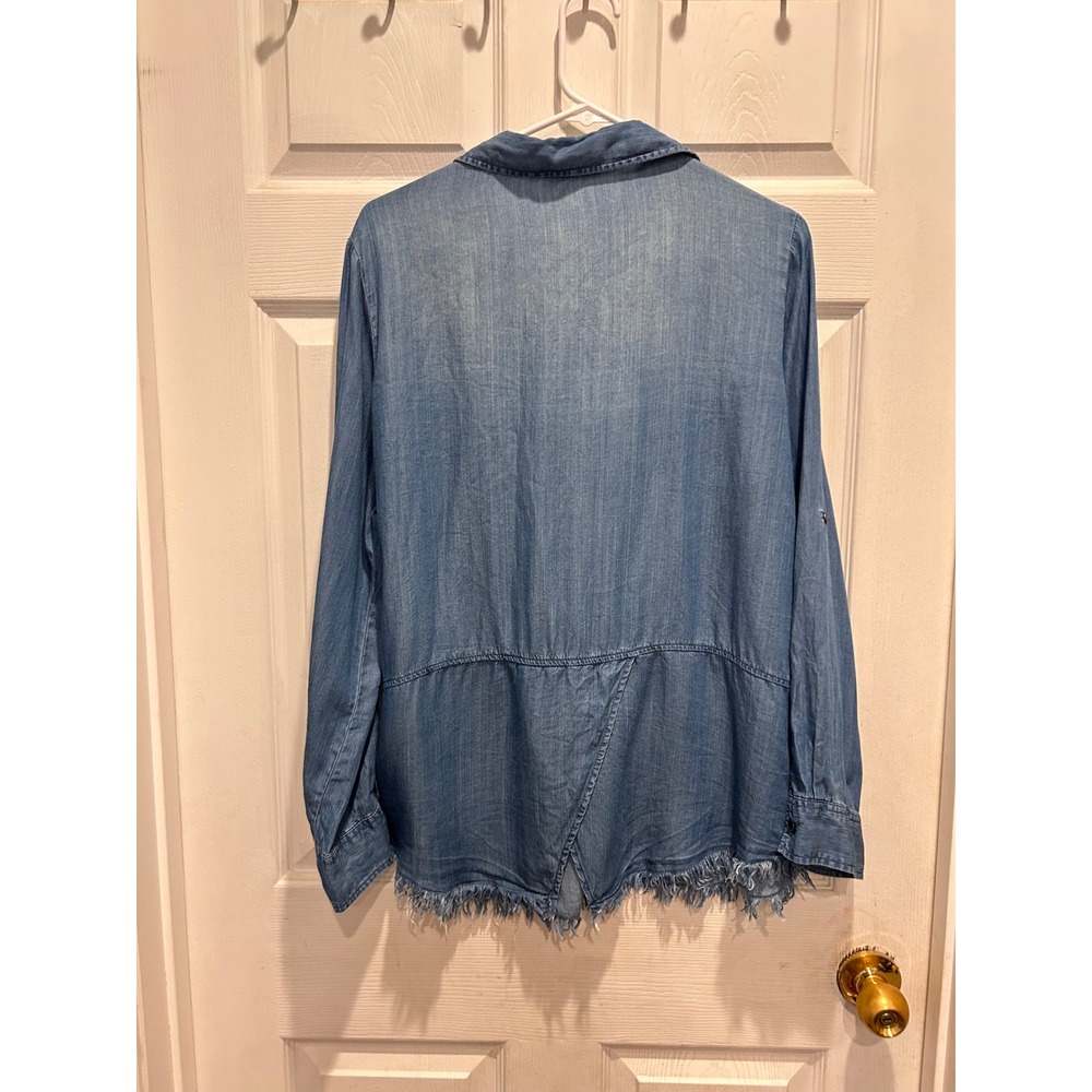 Beachlunchlounge Blue Lyocell Denim Shirt Frayed Hem Roll Tab Sleeve Womens L - Picture 7 of 10